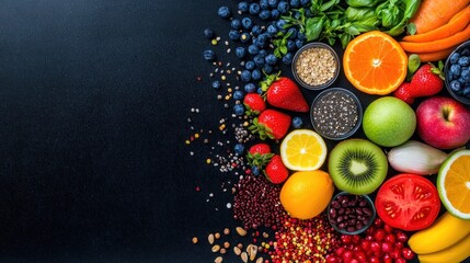 Colorful assortment of fresh fruits vegetables and seeds