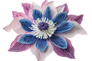 Intricate blue pink and white flower blossom art on black background showcasing delicate veins on transparent background