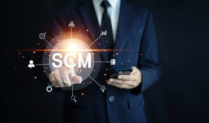 SCM Supply Chain Management. Businessman is optimizing the Supply Chain Management (SCM) process.