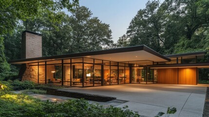 Modern house nestled in lush greenery at dusk with warm lights