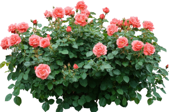 Lush Coral Rose Bush Blooming Vibrantly on Black Background Detailed Green Foliage on transparent background