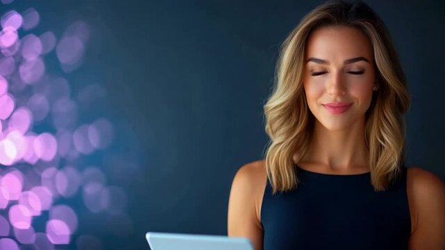 Business professional and modern technologies: a focused and poised business professional, engrossed in the user-friendly interface of a handheld digital tablet, radiating confidence and intelligence.