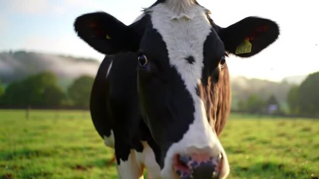 Holstein cow chewing cud in sunny field with distant mountains