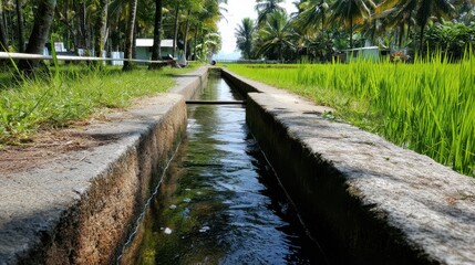 Concrete Canal Through Rice Paddy with Palm Trees