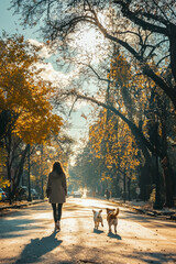  A sunny morning with a few clouds in the sky, a woman is walking her dog, a corgi, down a tree-lined street, the dog happily wagging its tail