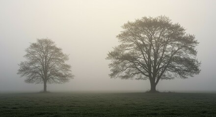 Two Trees Standing Silently in Foggy Field Landscape