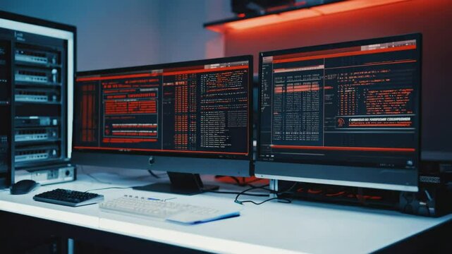Computer monitors displaying data code with red ui in a modern workspace