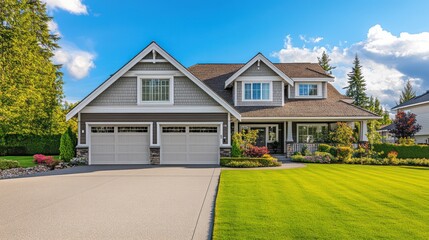 Beautiful suburban home with lush lawn and blue sky