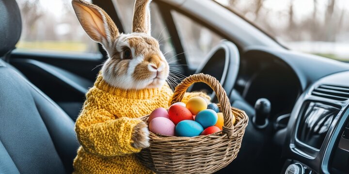 Adorable Easter Bunny in Yellow Sweater Driving a Car with Colorful Eggs