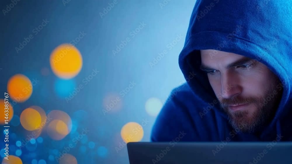 Poster digital enigma: a hooded figure hunched over a laptop, bathed in the ethereal glow of a screen. focu