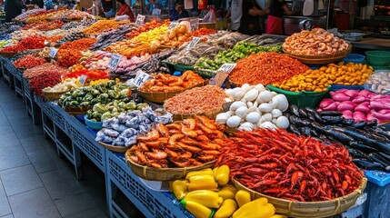 Fototapeta premium Vibrant seafood and vegetable market display fresh produce colorful food selection
