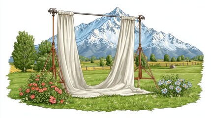 White curtains frame a picturesque mountain landscape, set against a backdrop of a vibrant green field dotted with flowers and trees under a bright