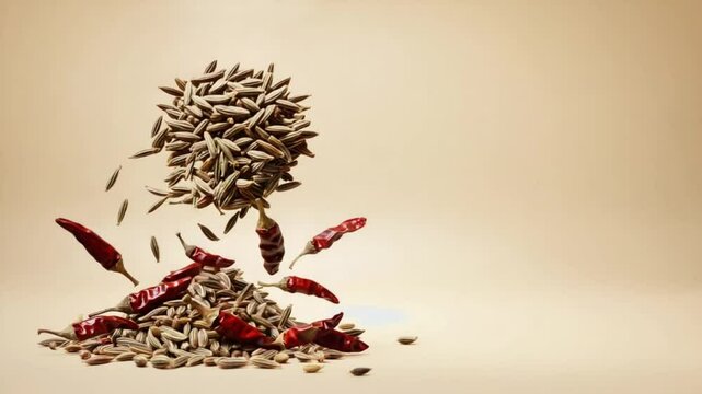 Falling cumin seeds and dried red chili peppers on a warm beige background