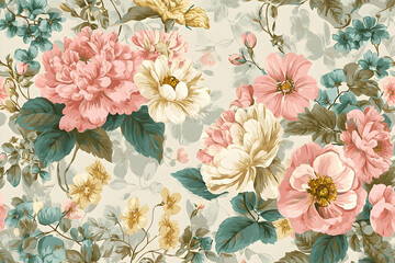 Detailed floral pattern with pastel colors and delicate foliage.