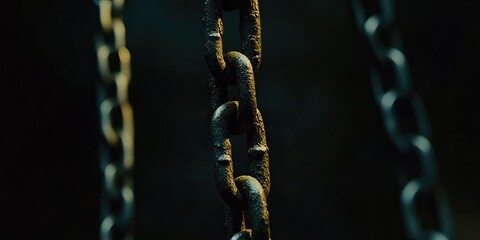 Dark and Mysterious Close-up of Rusty Metal Chains Hanging in Shadowy Environment, Evoking Feelings of Mystery and Intrigue