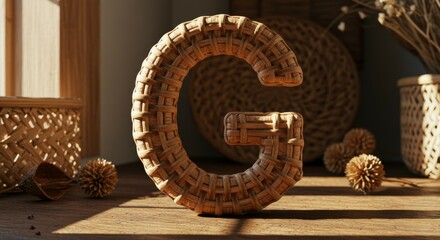 Woven Letter G on Wooden Surface with Natural Decor
