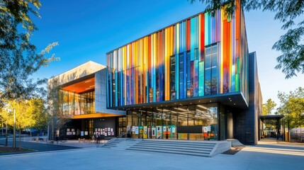 Obraz premium Vibrant Modern School Building: Architectural Marvel in Autumn
