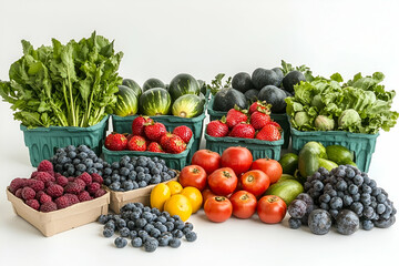 Assortment of Fresh Fruits and Vegetables in Green Baskets