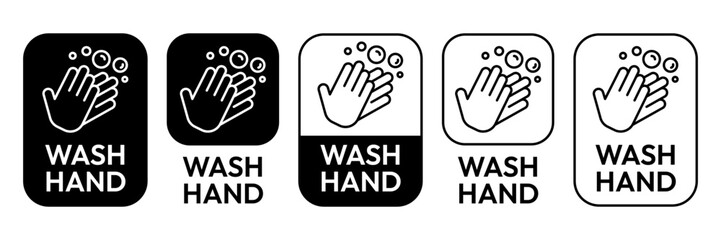 Wash or washing hands to keep clean icon set. Disease prevention protect, sanitizer, antiseptic, antibacterial symbols. Wash hands with rinse water, tap, soap, label, badge, logo, black, line, vector.