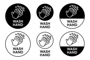 Wash or washing hands to keep clean icon set. Disease prevention protect, sanitizer, antiseptic, antibacterial symbols. Wash hands with rinse water, tap, soap, label, badge, logo, black, line, vector.