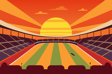 a packed soccer stadium under golden sunset light  