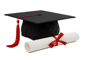 Classic graduation cap with red tassel and rolled diploma tied with a red ribbon, symbolizing achievement and academic success isolated on white or transparent background. PNG