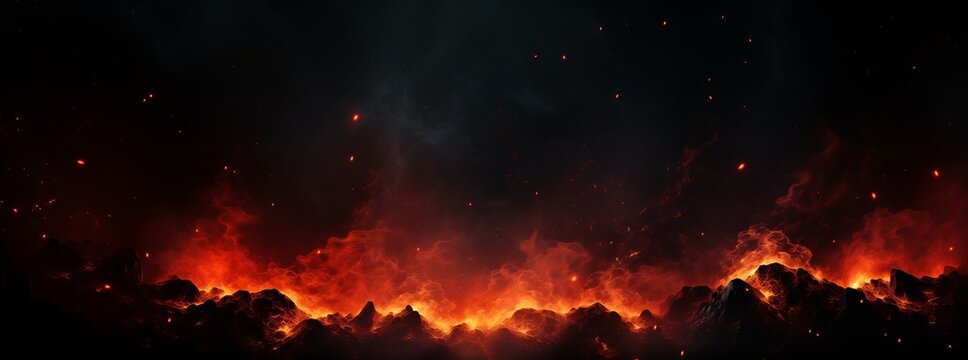 Fiery orange flames with glowing embers on a dark backdrop abstract background, Perfect for suspenseful banners and mysterious posters