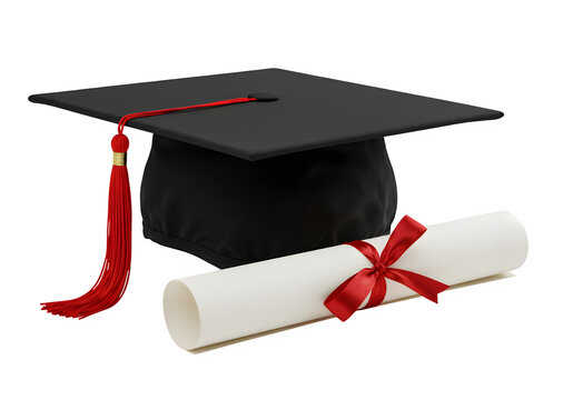 Classic graduation cap with red tassel and rolled diploma tied with a red ribbon, symbolizing achievement and academic success isolated on white or transparent background. PNG