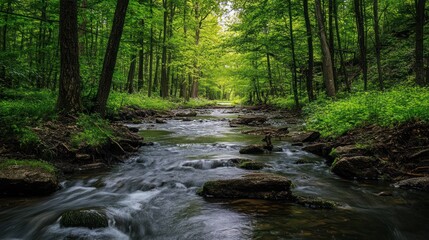 Fototapeta premium Serene forest stream flowing through lush greenery, long exposure shot, nature landscape