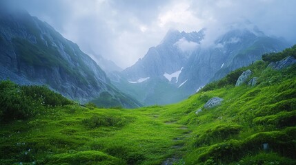 Obraz premium Majestic mountain range, lush valley, and a path.