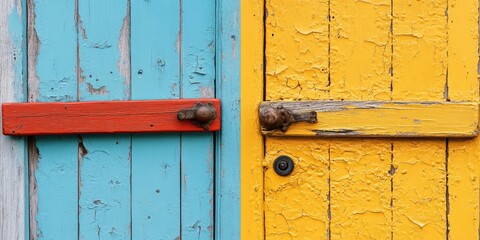Close-up of Two Weathered Wooden Doors, One Blue and One Yellow, Showing Peeling Paint and Rusty Hardware;  A Study in Texture and Color Contrast