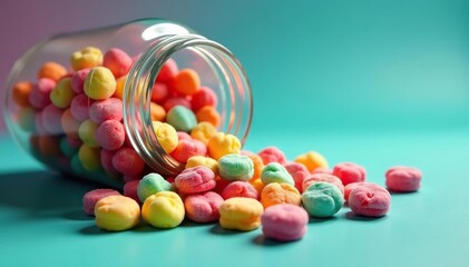 Lucky charm candy spills from a cracked, overflowing jar , sweet fortune, cracked jar, colorful candies