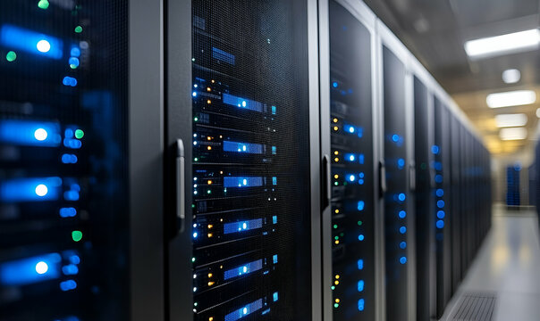 Blue Lit Data Center Server Racks