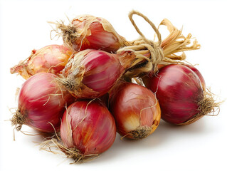 Close-up of fresh red shallots on white background, showcasing vibrant color and texture.