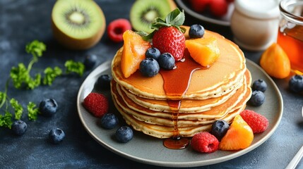 Tall pancake stack with fresh fruit, berry and maple syrup