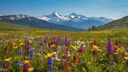 Vibrant wildflowers blooming in a lush meadow with majestic snow capped mountain backdrop