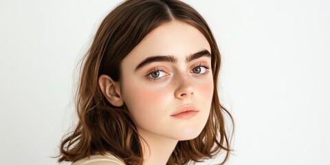Fototapeta premium Portrait of a Young Woman with Freckles and Brown Hair: A Close-Up Studio Shot Displaying Natural Beauty