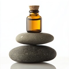 Essential oil bottle on stacked stones isolated on white background