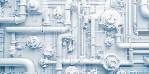 Abstract Industrial Piping System: Complex Network of White Pipes and Valves