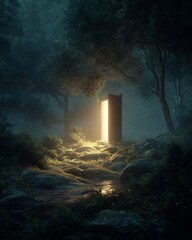 A mysterious glowing door stands in the middle of the forest, inviting you into a dream world.