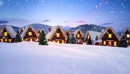 Snow-Covered Village at Dusk with Glowing Windows and Falling Snowflakes Creating a Cozy Holiday Atmosphere