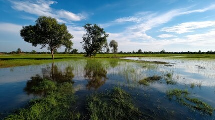 Flooded Rice Paddy Field with Tree Reflections