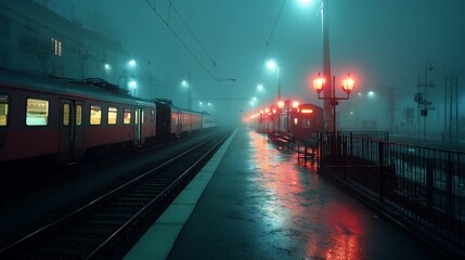 Fototapeta premium Foggy train station at night