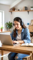 Teenager Studying Online at Home with Headphones On and Focused on Laptop in a Cozy Modern Setup