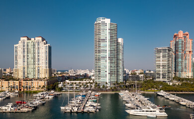 Obraz premium Aerial view of Miami skyline banner. Drone shot of Miami cityscape. Top view of South Miami and the ocean.