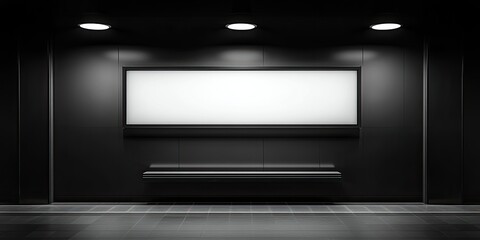 Modern Minimalist Interior Design: Blank Billboard and Bench in Dark Hallway