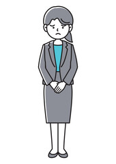 体の前で手を組み困った表情を浮かべるスーツの女性の正面向きベクターイラスト