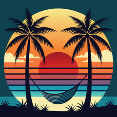 Tropical palm trees silhouette against a vibrant sunset on a serene beach