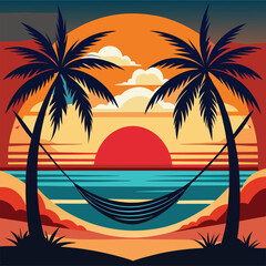 Tropical palm trees silhouette against a vibrant sunset on a serene beach