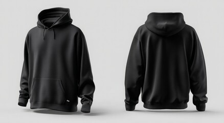 Black hoodie mockup showcasing front and back views for apparel design projects